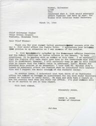 ["Chief Sylvester Tinker expressed concern about how S. 2166 would affect the Pueblo Tribe in a letter to Congressman James R. Jones. Jones was unaware of the issue but promised to keep an eye on the legislation to ensure the Pueblo issue is addressed. Jones also arranged a meeting for Tinker with Under Secretary Joseph at the Interior Department. Jones expressed support for the cultural center concept and thanked Tinker for bringing the problem to his attention."]