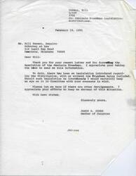 ["The document is from James R. Jones, a Member of Congress, to Bill Dawson, regarding Seminole Freedmen legislation and distributions. Jones states that no legislation has been introduced yet regarding the distribution, but he will keep an eye on it in committee with Dawson's concerns in mind. Jones appreciates Dawson keeping him informed and asks to be notified of any other developments."]