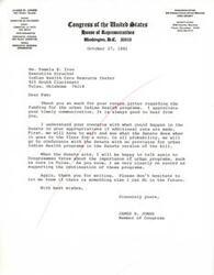 ["James R. Jones, a Member of Congress, expresses his gratitude to Pamela E. Iron for her letter regarding funding for urban Indian Health programs. He reassures her of his support for these programs and mentions that he will discuss Carl Albert their importance with Congressman Yates. Jones encourages Iron to reach out if she needs further assistance in the future."]