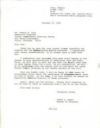 ["Pamela Iron, Executive Director of the Indian Health Care Resource Center in Tulsa, is concerned about proposed cuts to urban Indian health programs. Congressman James R. Jones responds to her letter, acknowledging her concerns and expressing support for the continuation of these programs. He mentions that they will have to wait and see what the Senate does before taking further action."]