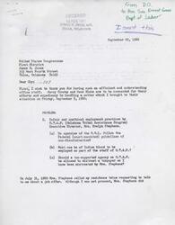 ["The document is addressed to Congressman James R. Jones from Michael E. Kerpan, who is expressing concerns about unfair employment practices at the Oklahoma Tribal Assistance Program (OTAP) by Executive Director Evelyn Stephens. Kerpan details his experience with Stephens and his disappointment in not being hired for a promised position. He questions the agency's adherence to non-discrimination guidelines and calls for an audit by the Department of Labor. Additionally, a separate letter from OTAP Board Member Victor F. Childers raises concerns about the authority and decision-making process Carl Albert within the organization."]
