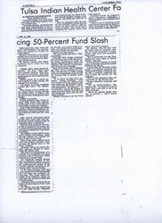 ["The Tulsa Indian Health Center is facing a potential 50% cut in federal funds for 1982 under President Reagan's budget, which could leave over 5,000 Tulsa Indians without medical care. The center provides outpatient services, dental care, mental health programs, and a referral service. The center serves mainly mothers and children, with many patients unable to afford transportation to the Claremore Indian Hospital. Budget cuts could lead to reduced services and patient education programs. Despite the center's efforts to make federal funds stretch, the impact of the cuts would be significant and detrimental to the community."]