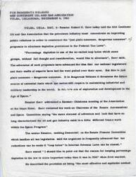 ["Senator Robert S. Kerr spoke at a Mid Continent Oil and Gas Association meeting in 1961, emphasizing the importance of maintaining depletion provisions in Federal Tax Laws to support the petroleum industry. He argued that these provisions stimulate investment in oil and mineral production, leading to economic growth and national security. Kerr highlighted the historical context of depletion deductions and the challenges faced by the industry, advocating for the continuation of percentage depletion allowances. He also predicted a significant increase in the consumption of petroleum products in the future."]