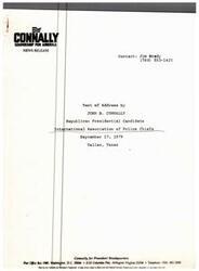 ["John B. Connally, a Republican presidential candidate, gave a speech in 1979 addressing the need for America to regain its national unity, purpose, and ethical stability. He emphasized the importance of order at home and abroad, restoring national defense, and rebuilding conventional forces to regain America's position as the leader of the free world. Connally also criticized the rise in crime and the lack of support for law enforcement, particularly in cases where entire police forces are condemned for the actions of a few. He called for a revival of America's national will and spirit to correct the country's current issues."]