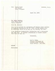 ["The document is a letter confirming Senator Henry Bellmon's appearance as a luncheon speaker on May 24, 1974, at the Rotary Club of Southwest Tulsa. The letter also includes biographical information and a photograph of the senator, and offers further assistance if needed. It is signed by Lee W. Paden, Special Assistant to Senator Henry Bellmon."]