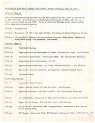 ["Senator Henry Bellmon has a busy schedule in Washington D.C. for the week of May 20, 1974, including meetings, receptions, and dinners. He also has events planned in Tulsa, Oklahoma, including a Rotary Club lunch and a commencement address at Monte Cassino High School. The week will end with a family reunion on Memorial Day."]