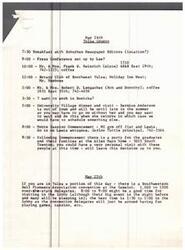 ["The schedule for May 24th in Tulsa County includes various meetings and events such as breakfast with suburban newspaper editors, a press conference, visits with Mr. & Mrs. Heinrich and Mr. & Mrs. Lengacher, a Rotary Club meeting, a visit to University Village, and attending Monte Cassino Commencement. The day ends with a party for graduates at the Allen Mayo home. The schedule for May 25th includes the Southwestern Bell Pioneers Association convention at the Camelot, with suggested times for visiting in the lobby."]