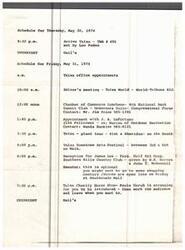 ["The schedule for Thursday, May 30, 1974 includes arriving in Tulsa and staying overnight at Gail's. The schedule for Friday, May 31, 1974 includes office appointments, a meeting with an editor, a Chamber of Commerce luncheon, appointments with various individuals, a plant tour, the Tulsa Downtown Arts Festival, a reception for James Lee, and attending the Tulsa Charity Horse Show. The evening ends with staying overnight at Gail's. Optional activities include shopping at Southroads Mall."]