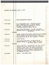 ["The schedule for Saturday, June 1, 1974 includes various events such as the opening of Tulsa Headquarters, an employee picnic, a parade in Nowata, and a \"Hog Fry\" event in Pryor. The day ends with staying overnight at Lee Paden's home in Tulsa. The schedule for Sunday is dedicated to John Wynne's graduation day, and the schedule for Monday includes a cattle sale, a Kiwanis Club Luncheon, and free time to go to the farm or prepare for a flight to Washington."]