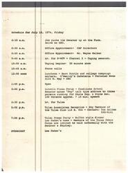 ["On July 12, 1974, the Senator had a busy schedule starting with a drive to OKC, followed by office appointments and a taping session at K-WTV. After a luncheon meeting, the Senator gave a speech at the Lincoln Plaza Forum and attended receptions in Tulsa, including one at the Tulsa Club and a press party at Lee Paden's home. The Senator stayed overnight at Lee Paden's house."]