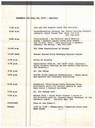 ["The schedule for July 20, 1974 includes various events such as a groundbreaking ceremony for an Indian Housing Project, a meeting at Fountainhead, a brick throwing contest parade in Stroud, and a reception for veterans at the Mayo Hotel. The day ends with a visit to Mohawk Park for a meeting with the Kiowa Tribe. The following day includes an open house at American State Bank in Thomas, Oklahoma."]