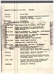 ["The schedule for August 15 and 16, 1974 includes various meetings, plant tours, rallies, and a banquet in Tulsa and Poteau. The schedule also includes travel arrangements with meetings with various individuals and groups."]