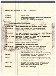 ["The schedule for August 15 and 16, 1974 includes various meetings, plant tours, and events in Tulsa and Poteau. The schedule involves visiting several companies and meeting with employees, attending a rally and banquet, and flying to different locations with specific contacts for transportation. Senator Bellmon is the main speaker at the banquet in Poteau."]