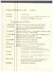 ["The schedule for August 15 and 16, 1974 includes various meetings and tours in Tulsa, including a meeting with the Associated Independent Electrical Contractors of America, a plant tour at Unit Rig Equipment Co. and Zebco, and a rally at Southroads Mall. The schedule also includes a flight to Poteau for a banquet and then to McAlester for an overnight stay at the Holiday Inn."]