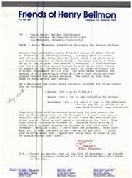 ["The document is a letter from Susie Thompson, Scheduling Secretary for Senator Bellmon, informing the recipients of specific dates when Senator Bellmon will be in Tulsa County. She asks them to plan his schedule accordingly and mentions a letter from the League of Women Voters regarding an event on August 16. She also mentions other upcoming events and asks for their cooperation in organizing them. Thompson also includes information about a Candidates Fair on August 16 at Southroads Mall in Tulsa and provides guidelines for participants."]