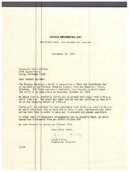 ["Frates Properties, Inc. is inviting Senator Henry Bellmon to participate in a \"Meet the Candidates Day\" event at the Fontana Shopping Center in Tulsa, Oklahoma on October 12, 1974. The event will be attended by press and all state and local candidates are invited to participate. Tables will be provided for candidates to distribute literature and answer questions. A response is requested before October 4th."]