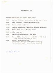 ["The document outlines the schedule for October 4th in Tulsa County, including various meetings and events for the Bellmon campaign. It also lists the committee chairmen and important volunteers involved in the campaign. The day includes activities such as greeting workers, a press conference, meeting with volunteers, a tour of shopping centers, and a dinner with committee members."]