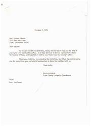 ["Paula Unruh, the Tulsa County Campaign Coordinator, informs Mrs. Warren Roberts that Henry will not be able to attend the Lynn Lane membership coffee. She hopes to have a representative from Senator Bellmon's office, possibly Lee Paden, attend instead. Mrs. Roberts expresses hope that Senator and Mrs. Bellmon or their representative will be able to attend the coffee. The event is scheduled for October 23, 1974, at the home of Mrs. Travis Freeman in Tulsa, Oklahoma."]