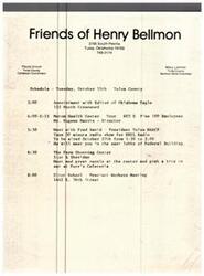 ["The document provides details of Henry Bellmon's campaign schedule for Tuesday, October 15th in Tulsa County, Oklahoma. The schedule includes various appointments and meetings with community leaders and organizations, a radio show recording, and a precinct workers meeting. The day ends with a meet and greet session at The Farm Shopping Center and dinner at Furr's Cafeteria."]