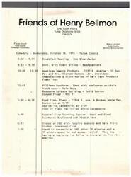 ["The document provides a schedule for Wednesday, October 16, 1974, in Tulsa County for the Friends of Henry Bellmon campaign. The schedule includes various meetings, appointments, tours, and events throughout the day, including breakfast with Don Blue Jacket, a plant tour at American Beauty Products, a meeting with Williams Brothers employees, a reception and dedication ceremony at the Ford Glass Plant, a meet and greet at Crystal City Shopping Center, dinner at ORU, and a speaking engagement at ORU with a question and answer period."]