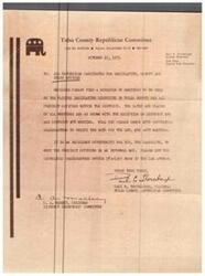 ["The document is a letter from the Tulsa County Republican Committee informing Republican candidates for legislative, county, and state offices about upcoming meetings to be held by various legislative districts in Tulsa County. The candidates are encouraged to attend these meetings to meet precinct officers in an informal setting. They are asked to verify the dates of the meetings for District #70 and District #78 and to inform Republican headquarters if they can attend. The letter is signed by County Chairman Paul E. Thornbrugh."]