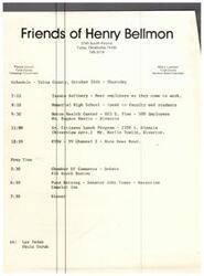 ["The document outlines the schedule for Henry Bellmon's campaign activities in Tulsa County on October 24th. It includes visits to various locations such as a refinery, high school, health center, senior citizens lunch program, TV news interview, Chamber of Commerce debate, a fundraising reception, and dinner. The campaign coordinator and Bellmon Belle Chairman are also mentioned."]