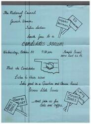 ["The National Council of Bellmon invites you to a candidates forum on October 30 at Temple Israel in Tulsa. Meet the candidates, listen to their views, participate in a Q&A session, and discuss state issues. Refreshments will be served. Contact the Tulsa section of the N.C.J.W for more information."]