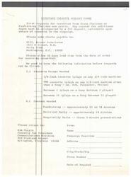 ["The document outlines the process for requesting videotape cassettes for fundraising and political purposes. The first request is free, but additional tapes require a $52 deposit. Checks should be made payable to Gill, Bruner Associates in Washington, D.C. It takes 10 days to receive the cassettes. Requesters must specify the format and content needed, and provide contact information. The forms should be returned to Kim Turpin at Connally for President in Arlington, Virginia."]
