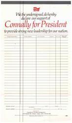 ["The document is a petition in support of Connally for President, asking for signatures and contact information to be sent to the campaign headquarters. It emphasizes the importance of providing accurate information for each supporter."]