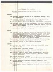 ["The document lists various individuals from different states who are part of the national campaign committee for John Connally's presidential campaign as of July 6, 1979. The individuals listed are from states such as Alabama, Alaska, Arizona, Arkansas, California, Colorado, Connecticut, Delaware, and the District of Columbia."]