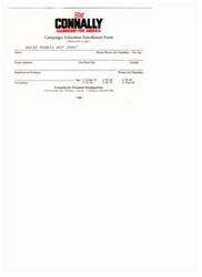["The document is a campaign volunteer enrollment form for the Connally for President campaign. It asks for the volunteer's name, contact information, age, occupation, and what they can do to help the campaign, such as circulating petitions, fundraising, writing letters, or recruiting supporters. The form also includes space for the volunteer to specify any other ways they can contribute and requires their signature and date. It also includes contact information for the campaign headquarters."]