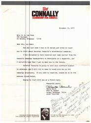 ["The document is a series of letters from Paula Unruh and John Connally to Mrs. E. S. von Reyn requesting her support for Connally's presidential campaign. They mention the need for continued support, assistance with various projects, and highlight key issues in the campaign. They also express appreciation for any contributions and support."]