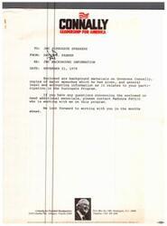 ["The document contains background information on Governor Connally, copies of his speeches, and legal and accounting information for participants in the Surrogate Program. Recipients are encouraged to contact Madonna Pettit for more information and are invited to work with the Connally for President campaign in the future. Contact information for the campaign headquarters is provided."]