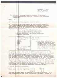 ["The document is a progress report on the Connally for President campaign in Tulsa, Oklahoma. It includes survey results, financial accounting, and a list of needed items for the campaign. The author also mentions the need for more precinct chairmen and district directors, as well as potential candidates for national delegate posts. The report ends with a mention of a potential visit from Gov. Connally and a request for any petitions with names."]