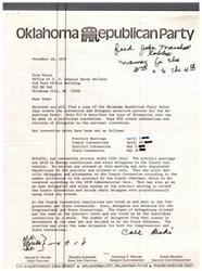 ["The letter provides information about the Oklahoma Republican Party convention process, including dates for precinct meetings, county conventions, district convention, and state convention. It explains the rules for selecting delegates at each level of the convention and the process for nominating and electing delegates to the national convention. It also outlines the rules for selecting at-large delegates and alternates at the state convention. The letter emphasizes that delegates are not bound to a specific candidate, but most will make a pledge before voting."]