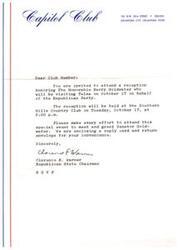 ["Club members are invited to a reception honoring Senator Barry Goldwater, who will be visiting Tulsa on behalf of the Republican Party. The reception will be held at the Southern Hills Country Club on October 17 at 8:00 p.m. Members are encouraged to attend and are provided with a reply card and return envelope for RSVP."]