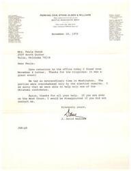 ["The letter is from J. David Andrews to Mrs. Paula Unruh thanking her for sending clippings and mentioning a recent trip to Washington. Andrews expresses disappointment at not being able to help more Oklahoma candidates in the election. He invites Unruh to contact him if she ever visits the West Coast."]