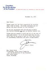 ["The letter is from the Committee for the Re-election of the President, thanking Paula for her cooperation and hard work in Tulsa during the election. The committee is impressed with the support in Oklahoma and credits it for the President's victory and the election of another Senator. The letter expresses gratitude and optimism for \"Four More Years\" of leadership and accomplishment."]