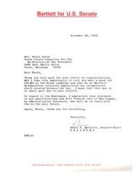 ["Senator-elect Dewey F. Bartlett thanks Paula Unruh for her letter of congratulations and acknowledges her efforts in the Nixon campaign. He also appreciates her statement on Jim Rodriquez's qualifications and will forward it to his Administrative Assistant for further action. Bartlett expresses gratitude for Paula's support and cooperation."]