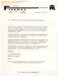 ["The document is a letter from Travis W. Freeman, the GOP Chairman of Tulsa, announcing that he will not be running for re-election. He shares a list of officers and committee chairmen for the upcoming Republican Convention and expresses his appreciation for the support he has received. He also includes a summary of election results for 1970 and 1972. The letter ends with details about the upcoming County Convention, including the delegates and committee chairmen."]