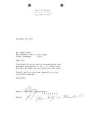 ["The letter is from Dewey F. Bartlett thanking James Unruh for his generous contribution to his U.S. Senate campaign and acknowledging that his support was crucial to the campaign's success."]