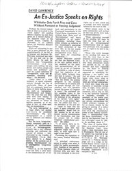 ["Article Covering Retired Justice Whittaker's Speech Addressing Students Of Southeast Missouri State College Emphasizing Federal Authority Limits And The Distinction Between Public And Private Accommodations. He Noted Divergent Views And Referenced Earlier Supreme Court Rulings On These Matters."]