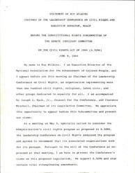 ["Statement By Roy Wilkins In Support Of The Civil Rights Act Of 1966. He States That The Passed Civil Rights Legislation Has Also Received Backlash And That Civil Rights Legislation Needs To Still Continue To End Discrimination."]