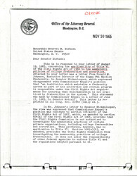 ["Letter To Dirksen From Attorney General Katzenbach About His Speech Regarding Higher Education Sororities And Fraternities. Katzenbach States That The Application Of Civil Rights To Collegiate Institutions Is Dealt With By The Higher Education Act Of 1965."]
