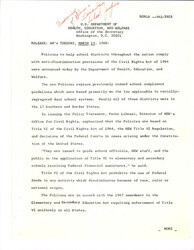 ["Press Release About The Goals Of The Departement To Eliminate And Prevent Discrimination In All Services Facilities, Activities, And Programs;and Eliminate Student Assignment Procedures, School Attendance Zones, And School Feeder Patterns Which Segregate Students On The Basis Of Race, Color, Or National Origin."]