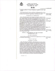 ["Economic Opportunity Amendments Of 1967. Law Amends Job Corps, Screening And Selection Of Applicants, Enrollment And Assignment, Job Corps Centers, Programs Activities, Allowance And Support, Standards Of Conduct, Community Participation, Counseling And Job Placement, Evaluation, Advisory Boards And Committees, Participation Of The States, Application Of Provisions Of Federal Law, Etc."]