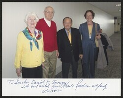 ["Handwritten on front: To Senator Daniel K. Inouye with best wishes from Charlie Bachman and family 3/12/2012. Written on back: Charles W. Bachman and Senator Inouye. Bachman was the 1973 ACM Turing Award Winner and a software engineer."]