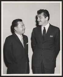 ["Caption: DKI with Ernie Kovacs, Los Angeles, Calif., April, 1960. Photo from Jack Hirshberg, 4/19/60. Stamp: Photo by: Ed Braslaff."]