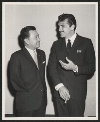 ["Caption: DKI with Ernie Kovacs, Los Angeles, Calif., April, 1960. Photo from Jack Hirshberg, 4/19/60. Stamp: Photo by: Ed Braslaff."]