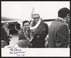 ["Signed on front: To Danny - My best always Bob Six. Written on back: Daniel K. Inouye, Robert Six - Pres of Continental Airlines. Continental AL inaugural flight to Honolulu. Stamp: Credit Camera Hawaii."]
